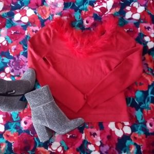 Nina Leonard Red Marabou Sweater 💋🎄